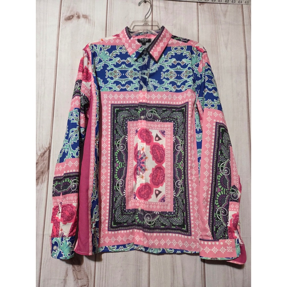 BoohooMAN Mens Pink‎ Blue Patchwork Scarf Print Long Sleeve Button Down Shirt M